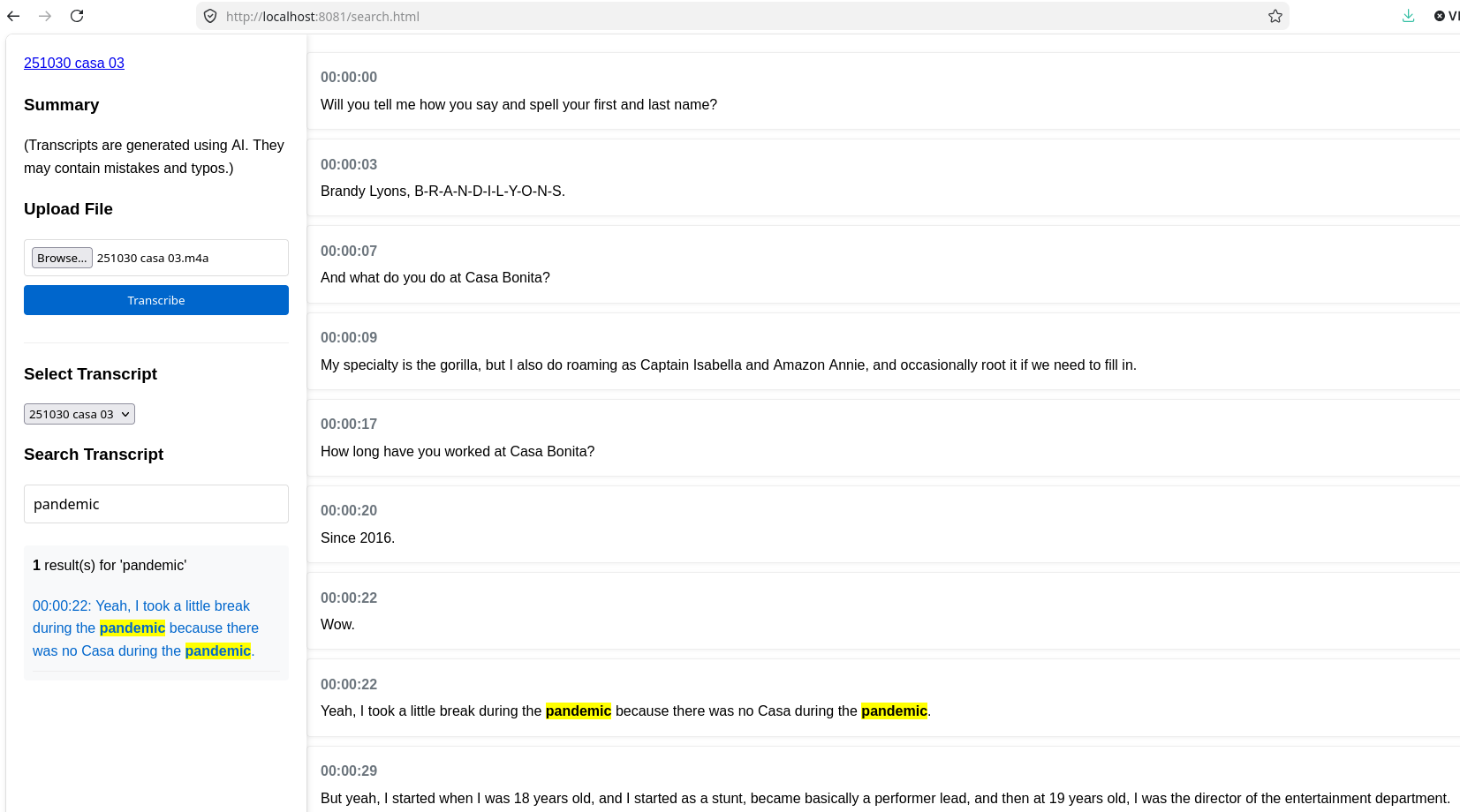 Screenshot of the html interface for the Mistral Long Transcriber